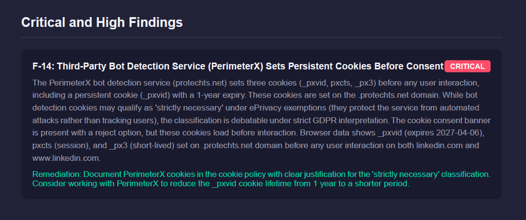 Critical finding F-14: PerimeterX sets persistent cookies before consent on linkedin.com